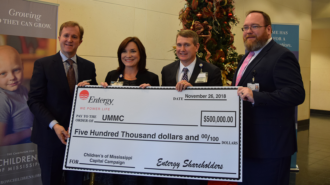 Haley Fisackerly, Entergy Mississippi President and CEO, presented a contribution for the Campaign for Children's of Mississippi to UMMC representatives Dr. Mary Taylor,  Guy Giesecke and Jonathan Wilson on Monday, Nov. 26, 2018.
